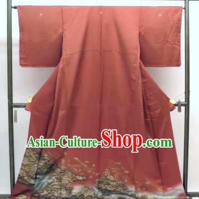 Asian Japanese Traditional Costumes Japan Printing Silk Furisode Kimono Yukata Dress Clothing for Women