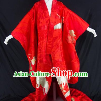 Asian Japanese Traditional Wedding Costumes Japan Embroidered Furisode Kimono Yukata Red Dress Clothing for Women