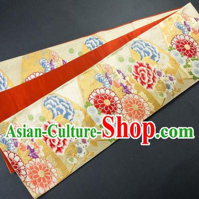 Asian Japanese Traditional Japan Kimono Belts Embroidered Peony Brocade Waistband for Women