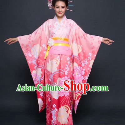 Asian Japanese Traditional Costumes Japan Printing Pink Furisode Kimono Yukata Dress Clothing for Women