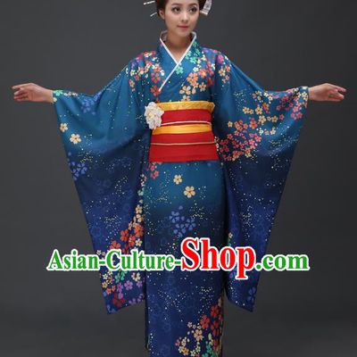 Asian Japanese Traditional Costumes Japan Printing Blue Furisode Kimono Yukata Dress Clothing for Women