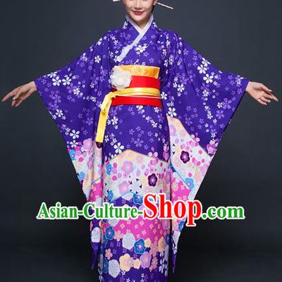 Asian Japanese Traditional Costumes Japan Printing Purple Furisode Kimono Yukata Dress Clothing for Women