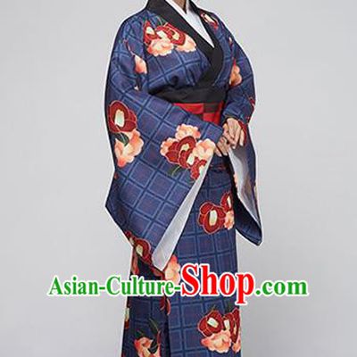 Asian Japanese Traditional Costumes Japan Printing Navy Furisode Kimono Yukata Dress Clothing for Women