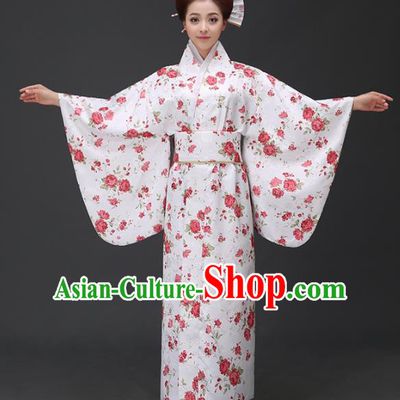 Asian Japanese Traditional Costumes Japan Printing Rose White Furisode Kimono Yukata Dress Clothing for Women