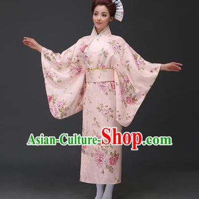 Asian Japanese Traditional Costumes Japan Printing Pink Furisode Kimono Yukata Dress Clothing for Women