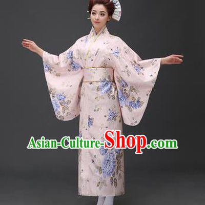 Asian Japanese Traditional Costumes Japan Printing Blue Peony Furisode Kimono Yukata Dress Clothing for Women