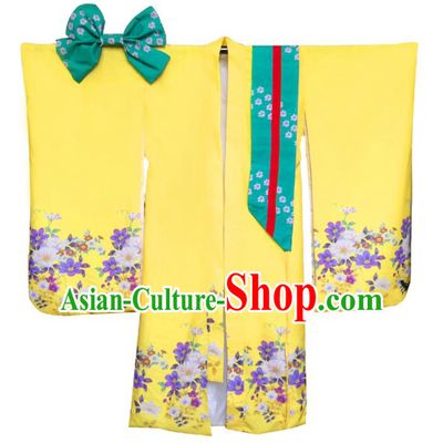 Asian Japanese Traditional Costumes Japan Printing Yellow Furisode Kimono Yukata Dress Clothing for Women