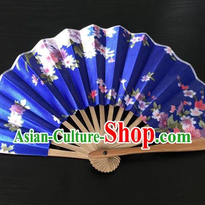 Asian Traditional Folding Fans Kimono Printing Blue Satin Fans for Women