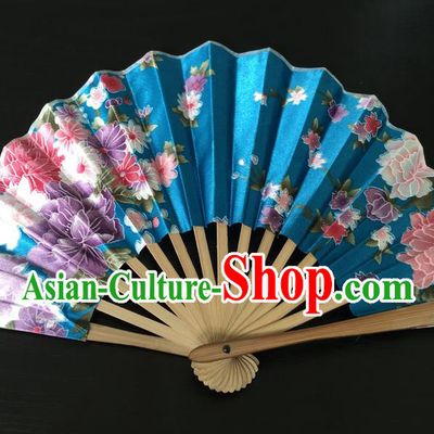 Asian Traditional Folding Fans Kimono Printing Blue Satin Fans Dance Fan for Women