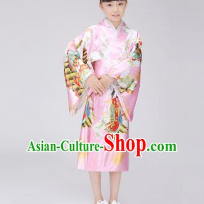 Asian Japanese Traditional Costumes Japan Printing Satin Furisode Kimono Yukata Pink Dress Clothing for Kids