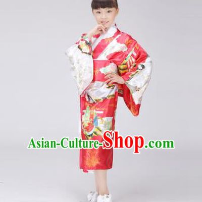 Asian Japanese Traditional Costumes Japan Printing Satin Furisode Kimono Yukata Red Dress Clothing for Kids