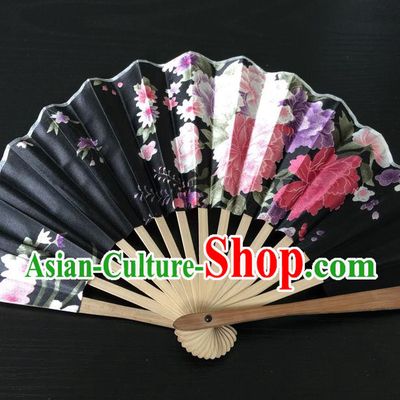 Asian Traditional Folding Fans Kimono Printing Black Satin Fans Dance Fan for Women