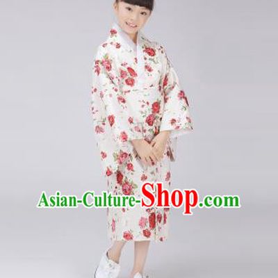 Asian Japanese Traditional Costumes Japan Satin Furisode Kimono Yukata Printing Rose Dress Clothing for Kids