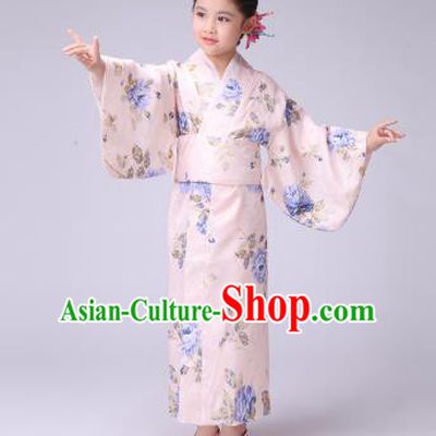 Asian Japanese Traditional Costumes Japan Satin Furisode Kimono Yukata Printing Blue Peony Dress Clothing for Kids