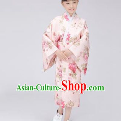 Asian Japanese Traditional Costumes Japan Satin Furisode Kimono Yukata Printing Pink Dress Clothing for Kids
