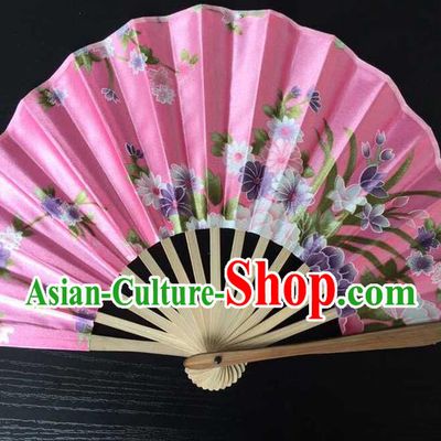 Asian Traditional Folding Fans Kimono Printing Pink Satin Fans Dance Fan for Women
