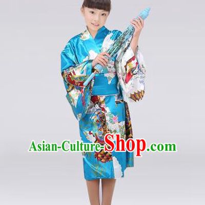 Asian Japanese Traditional Costumes Japan Satin Furisode Kimono Yukata Printing Blue Dress Clothing for Kids