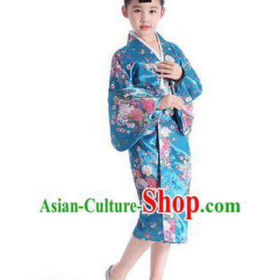 Asian Japanese Traditional Costumes Japan Satin Furisode Kimono Yukata Printing Peony Blue Dress Clothing for Kids