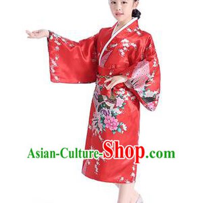 Asian Japanese Traditional Costumes Japan Satin Furisode Kimono Yukata Printing Peony Red Dress Clothing for Kids