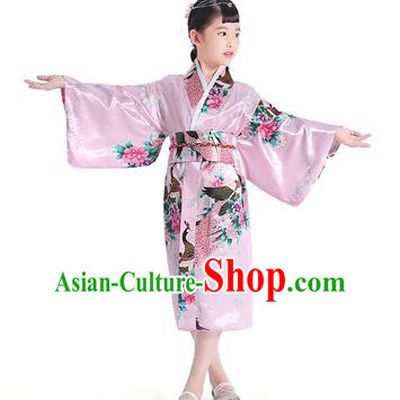Asian Japanese Traditional Costumes Japan Satin Furisode Kimono Yukata Printing Peony Pink Dress Clothing for Kids
