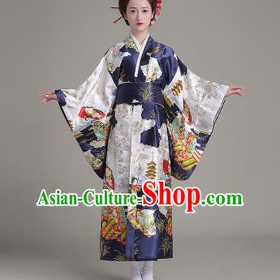 Asian Japanese Traditional Costumes Japan Satin Furisode Kimono Yukata Printing Navy Dress Clothing for Women