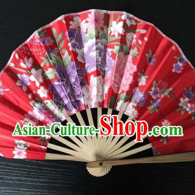Asian Traditional Folding Fans Kimono Printing Red Satin Fans Dance Fan for Women
