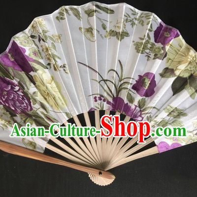 Asian Traditional Folding Fans Kimono Printing White Satin Fans Dance Fan for Women