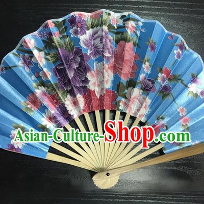 Asian Traditional Folding Fans Kimono Printing Flowers Blue Satin Fans Dance Fan for Women