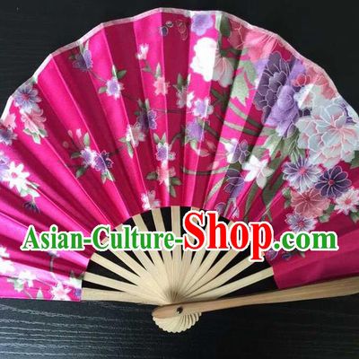 Asian Traditional Folding Fans Kimono Printing Flowers Rosy Satin Fans Dance Fan for Women