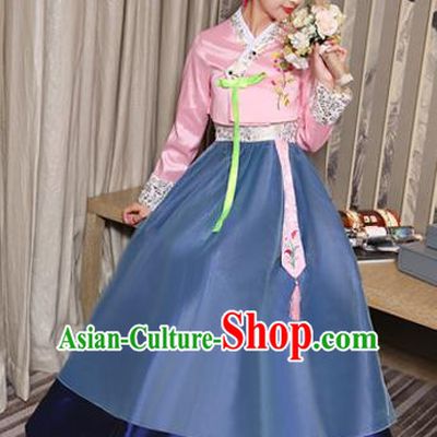 Asian Korean Dance Costumes Traditional Korean Hanbok Clothing Embroidered Pink Blouse and Blue Dress for Women