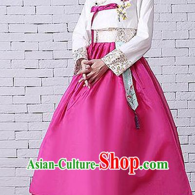 Asian Korean Dance Costumes Traditional Korean Hanbok Clothing Embroidered White Blouse and Rosy Dress for Women