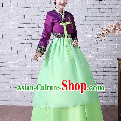 Asian Korean Dance Costumes Traditional Korean Hanbok Clothing Embroidered Purple Blouse and Green Dress for Women