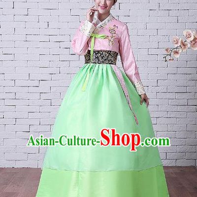 Asian Korean Dance Costumes Traditional Korean Hanbok Clothing Embroidered Pink Blouse and Green Dress for Women