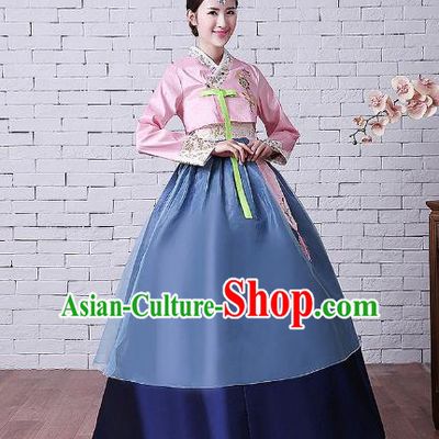Asian Korean Dance Costumes Traditional Korean Hanbok Clothing Embroidered Pink Blouse and Navy Dress for Women