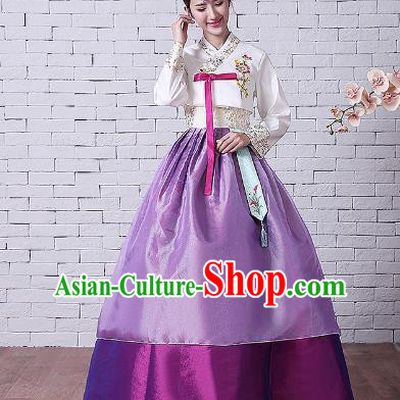 Asian Korean Dance Costumes Traditional Korean Hanbok Clothing Embroidered White Blouse and Purple Dress for Women