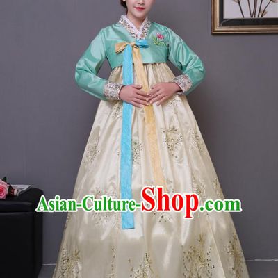 Asian Korean Dance Costumes Traditional Korean Hanbok Clothing Green Blouse and Yellow Paillette Dress for Women