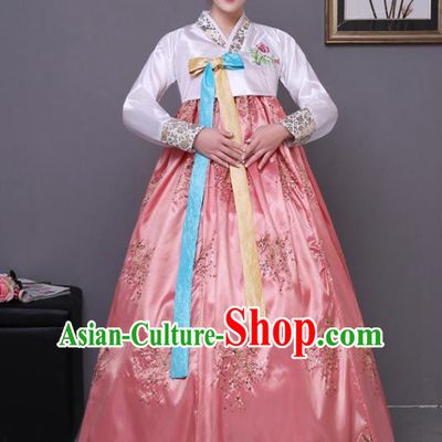 Asian Korean Dance Costumes Traditional Korean Hanbok Clothing White Blouse and Pink Paillette Dress for Women