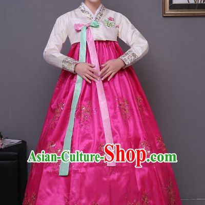 Asian Korean Dance Costumes Traditional Korean Hanbok Clothing White Blouse and Rosy Paillette Dress for Women