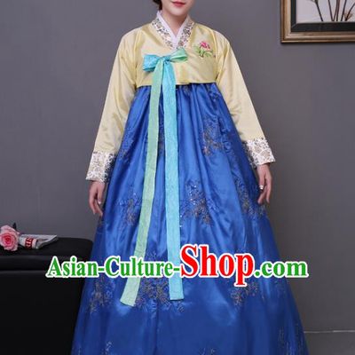 Asian Korean Dance Costumes Traditional Korean Hanbok Clothing Yellow Blouse and Blue Paillette Dress for Women