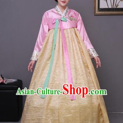 Asian Korean Dance Costumes Traditional Korean Hanbok Clothing Wedding Pink Blouse and Yellow Dress for Women