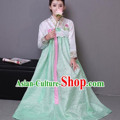 Asian Korean Dance Costumes Traditional Korean Hanbok Clothing Wedding White Blouse and Green Dress for Women