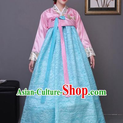 Asian Korean Dance Costumes Traditional Korean Hanbok Clothing Wedding Pink Blouse and Blue Dress for Women