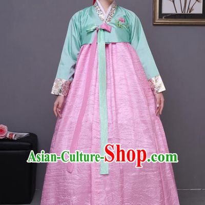 Asian Korean Dance Costumes Traditional Korean Hanbok Clothing Wedding Green Blouse and Pink Dress for Women
