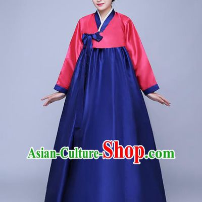 Asian Korean Dance Costumes Traditional Korean Hanbok Clothing Wedding Red Blouse and Navy Dress for Women