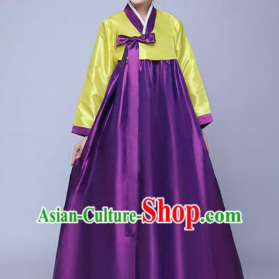 Asian Korean Dance Costumes Traditional Korean Hanbok Clothing Wedding Yellow Blouse and Purple Dress for Women