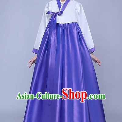 Asian Korean Dance Costumes Traditional Korean Hanbok Clothing Wedding White Blouse and Purple Dress for Women