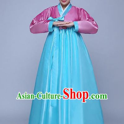 Asian Korean Dance Costumes Traditional Korean Hanbok Clothing Wedding Pink Blouse and Blue Dress for Women