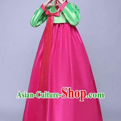 Asian Korean Dance Costumes Traditional Korean Hanbok Clothing Wedding Green Blouse and Rosy Dress for Women