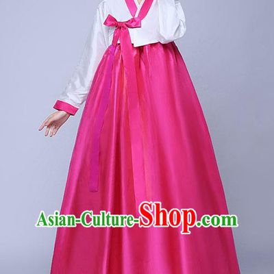 Asian Korean Dance Costumes Traditional Korean Hanbok Clothing Wedding White Blouse and Rosy Dress for Women