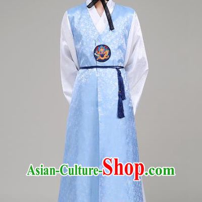 Asian Korean Court Emperor Costumes Blue Robe Traditional Korean Hanbok Clothing for Men